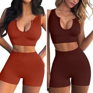 2 Seamless Workout Sets for Women - Ribbed Sport Bra High Waist Shorts - Size L